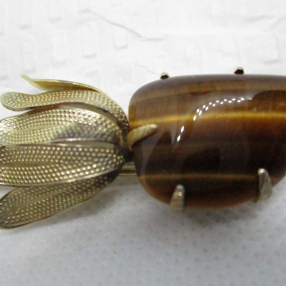 TIGER EYE Genuine PEARL Gold Tone Flower Brooch - Picture 7 of 8